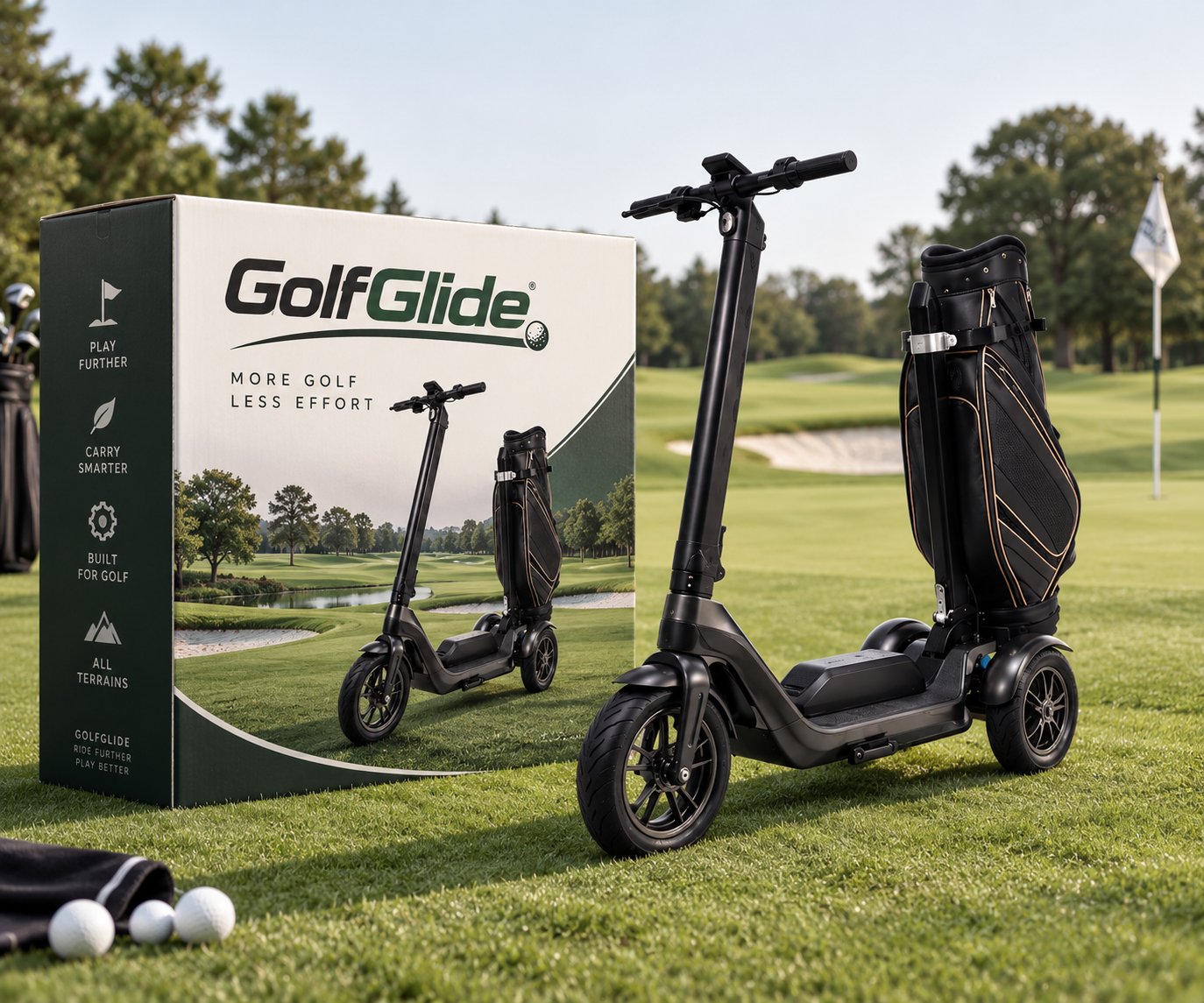 Black GolfGlide parked beside a golf bag
